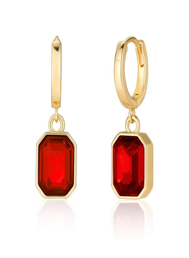Lourny Birthstone Crystal Dangle Drop Earrings, 18K Gold Plated Huggie Hoop Hypoallergenic Earring Jewelry Gifts for Women (Red) - Image 1